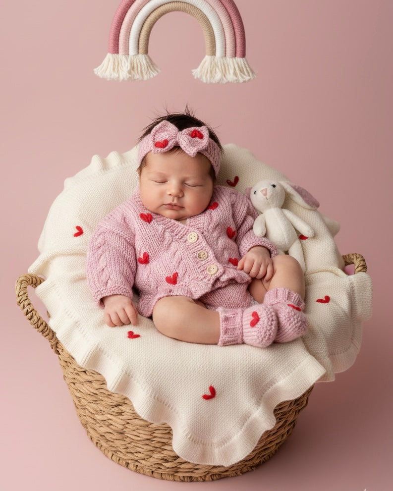 Hand-knit hearts Frill Cardigan Set