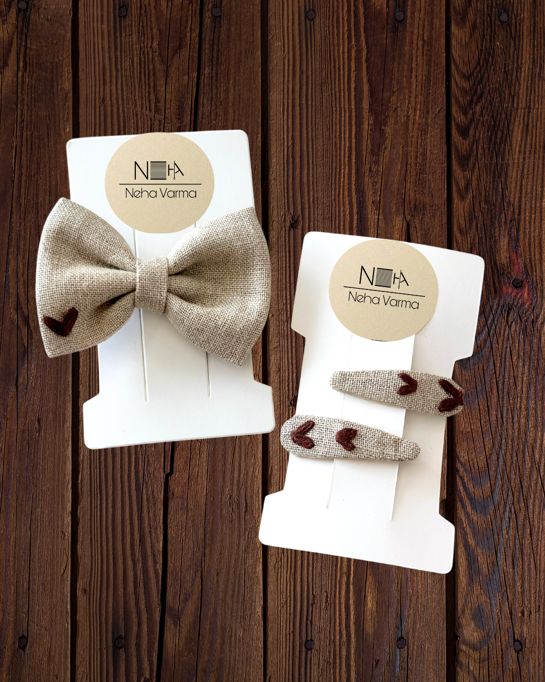 Linen heart bow and clips set