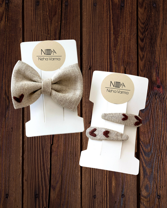 Linen heart bow and clips set